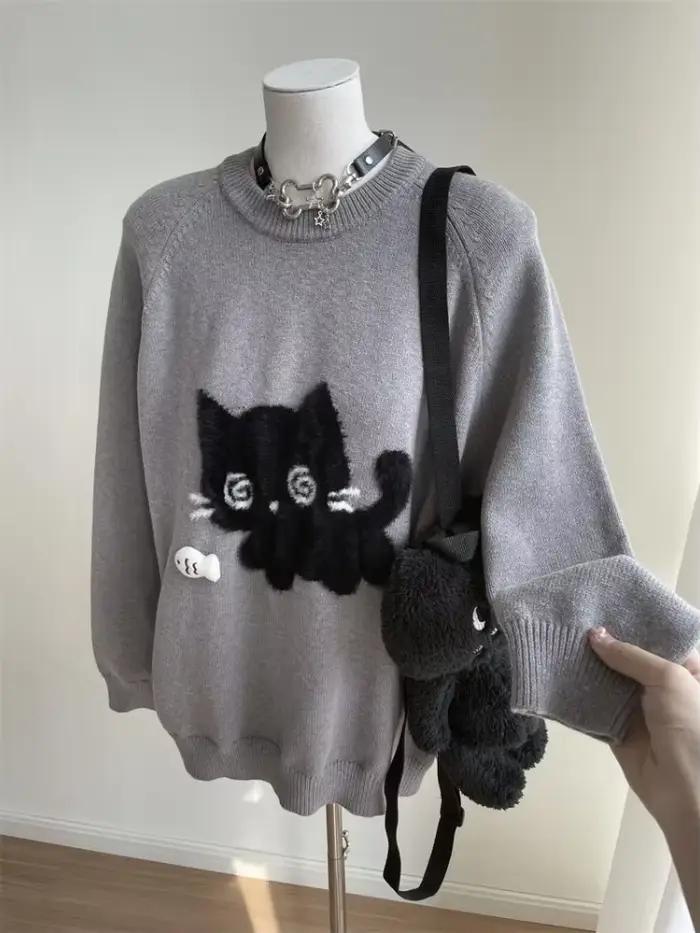 Pull en tricot gris à col rond pour femme, pull à manches longues, pull rétro, design Harajuku, Y2K,