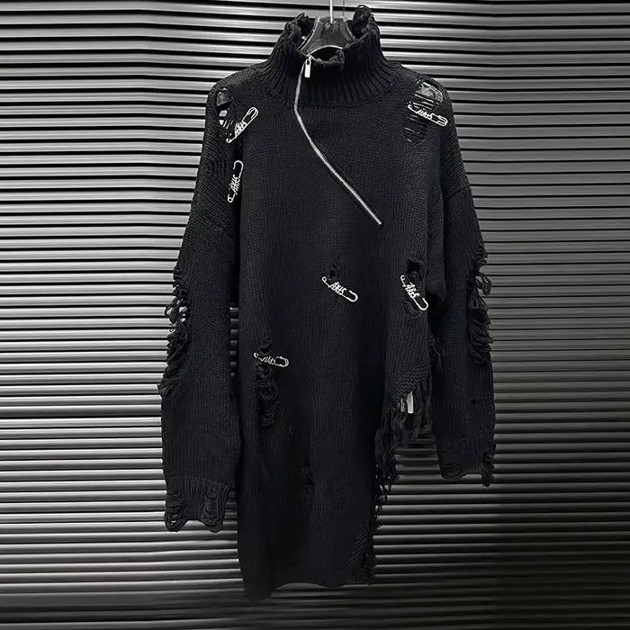 KUCLUT mode automne nouveau col roulé broche trou pull pour les femmes en vrac noir polyvalent irrég