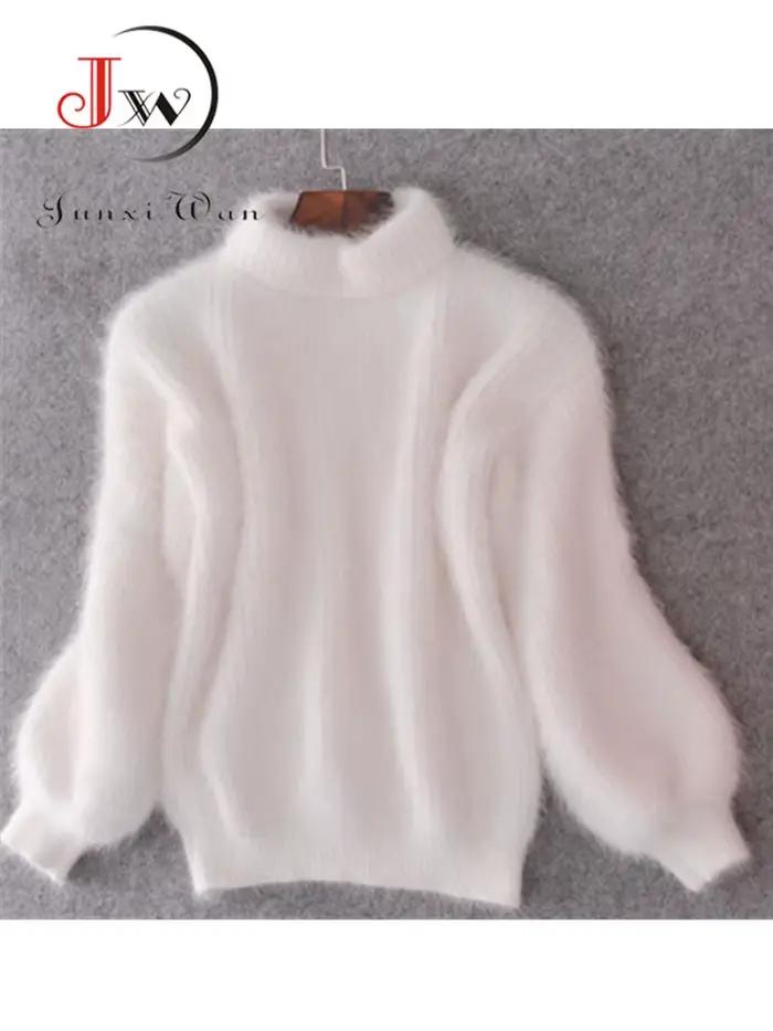 Mohair blanc épaissir pull à col roulé automne hiver doux mode lanterne manches décontracté couleur 
