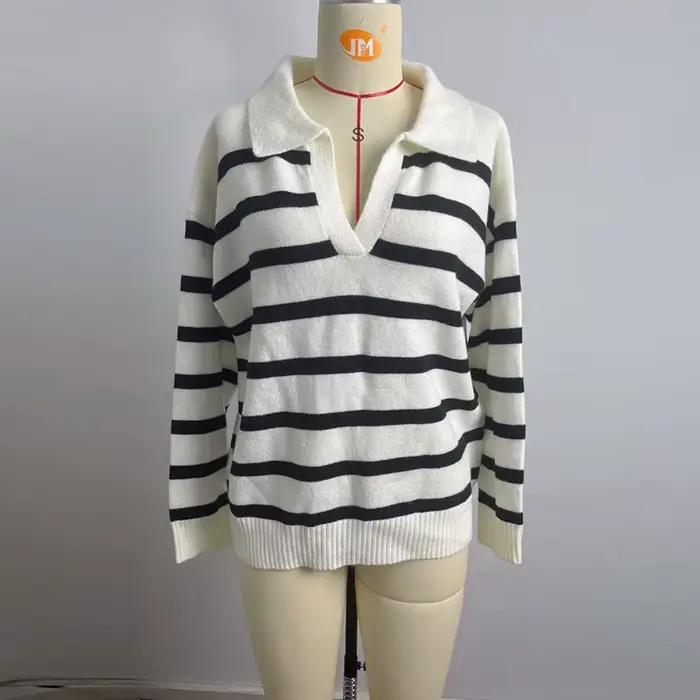 Pull tricoté rayé pour femmes, manches longues, col rabattu, pull de rue, décontracté, grande taille