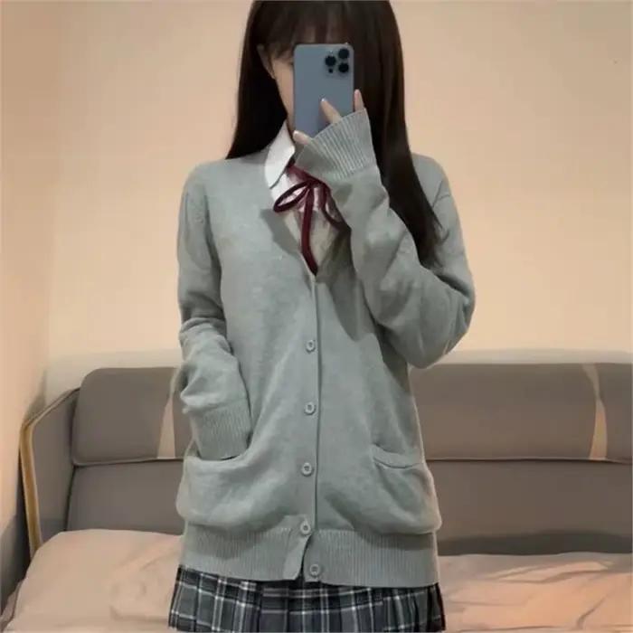 Cardigan en tricot à manches longues JK pour femme, gris foncé, style universitaire, idéal pour le p