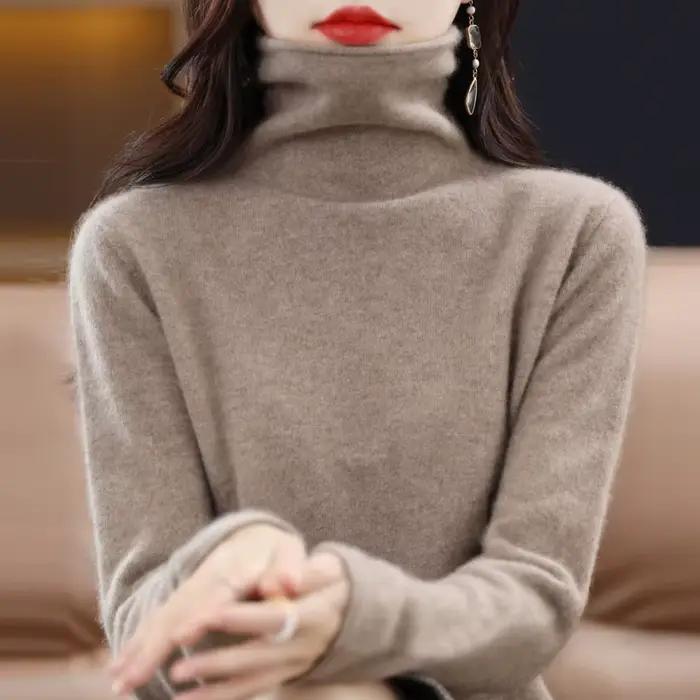Pull à col roulé en laine mérinos pour femme, tricot chaud, couleur unie, nouvelle collection automn