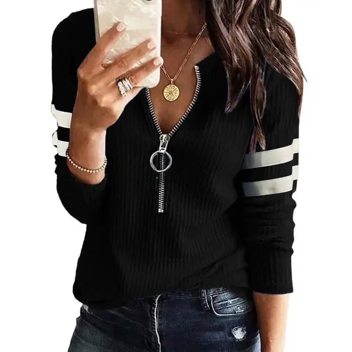 Nouveau printemps automne rayure grande fermeture éclair rétro pull à manches longues pull mode pull