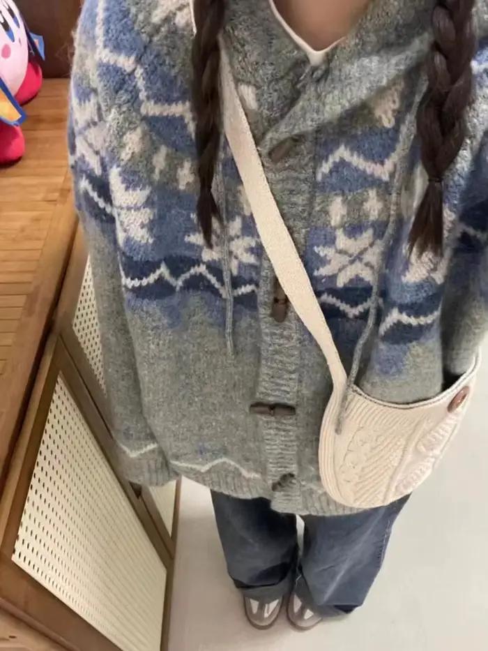 Cardigan Vintage américain Mohair Fair Isle, bouton à bascule, manteau d'hiver en peluche