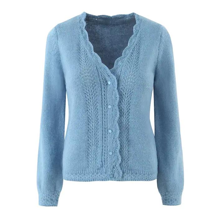 Cardigan à manches longues en dentelle bleue pour femme, col en V, simple boutonnage, Slim, pull tri