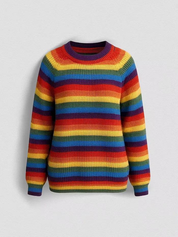 Nouveau Pull Femme 2026 Rayé Arc-en-ciel Vintage Ample Tricoté Manches Longues Décontracté