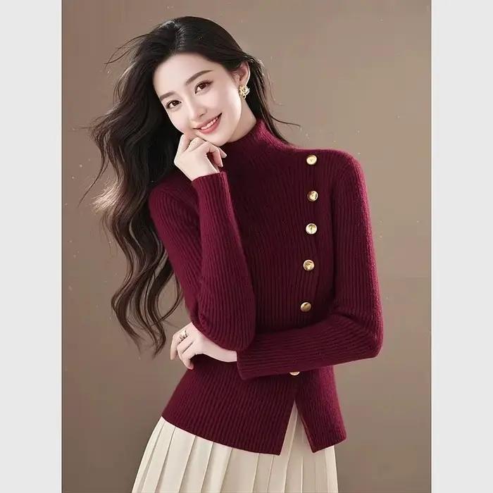 Pull en tricot bordeaux à col haut pour femme, rétro français, élégant, rajeunissant, automne hiver