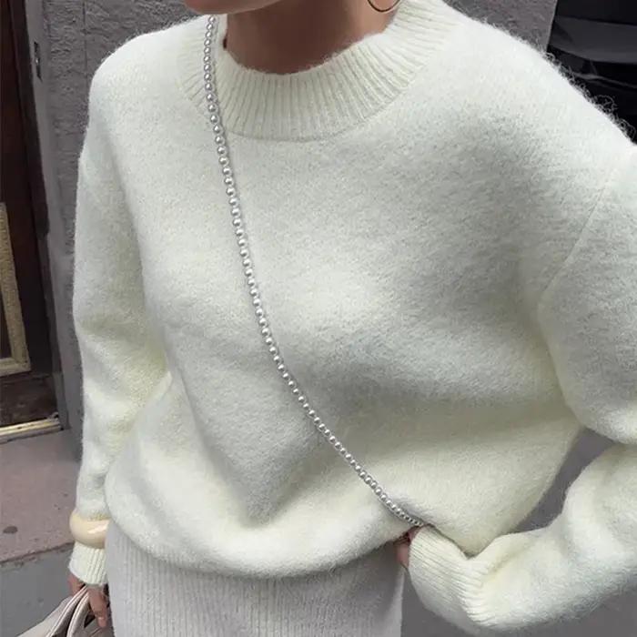 Solide col rond tricoté pull femmes élégant à manches longues épaissir pulls femme automne hiver nou