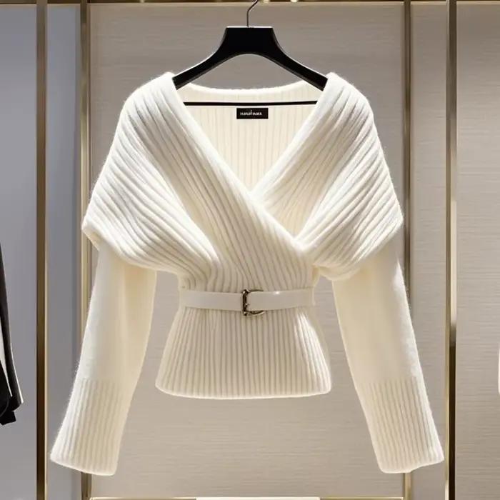 Pull à col en V à manches longues pour femmes, chemisiers blancs, haut vintage, pulls de luxe doux, 