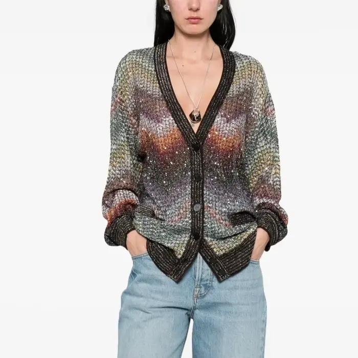 Cardigan en tricot plissé pour femme, à rayures arc-en-ciel, col en V, boutonnage frontal, manches l