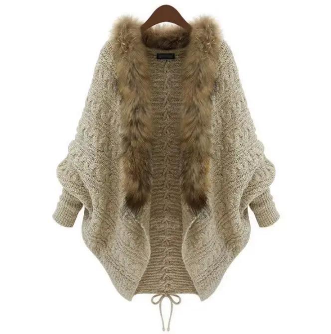 Femmes Cardigan pull épais Poncho Capes automne hiver Femme tricoté manches chauve-souris col de fou