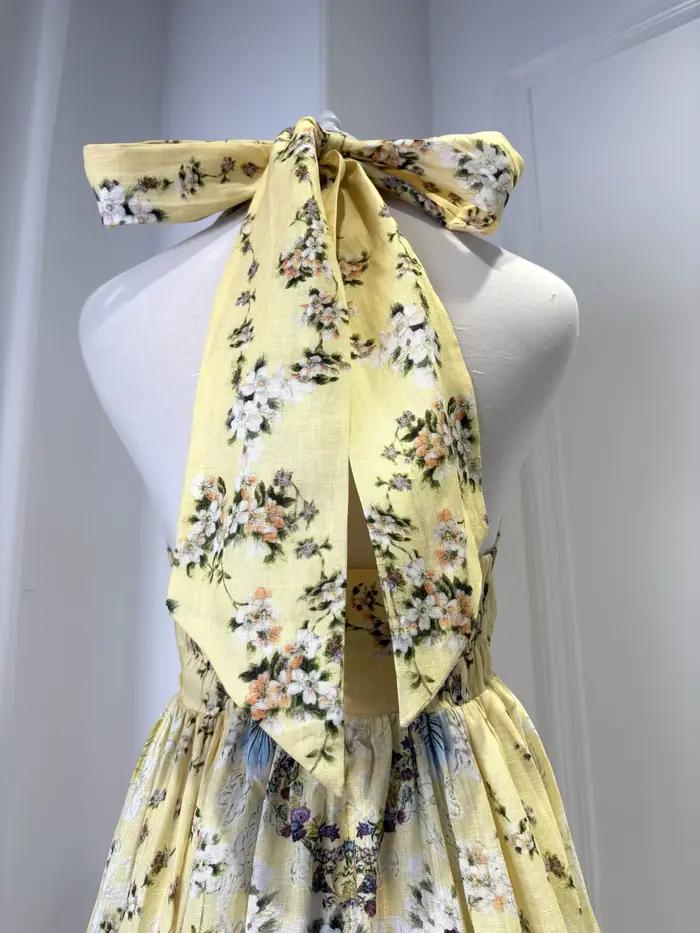 Robe Courte Femme en Lin Brodé Floral
