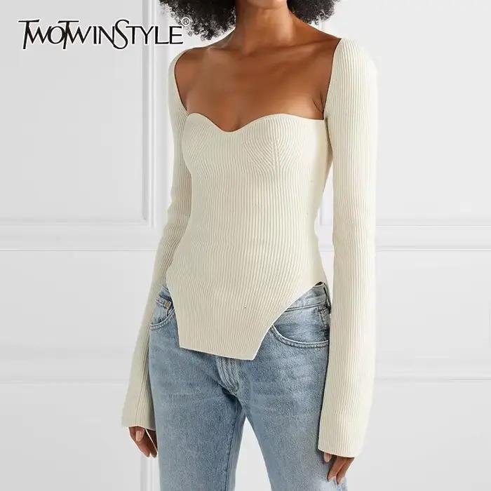 TWOTWINSTYLE – pull tricoté blanc fendu sur le côté pour femme
