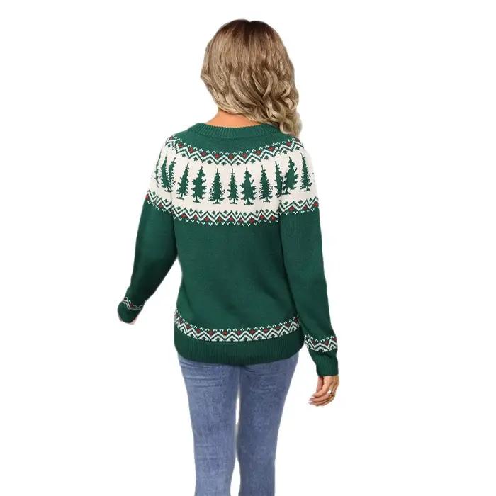 Pull de Noël féerique pour femmes avec motif arbre de Noël vert, style européen, coupe ample automne-hiver occasions spéciales