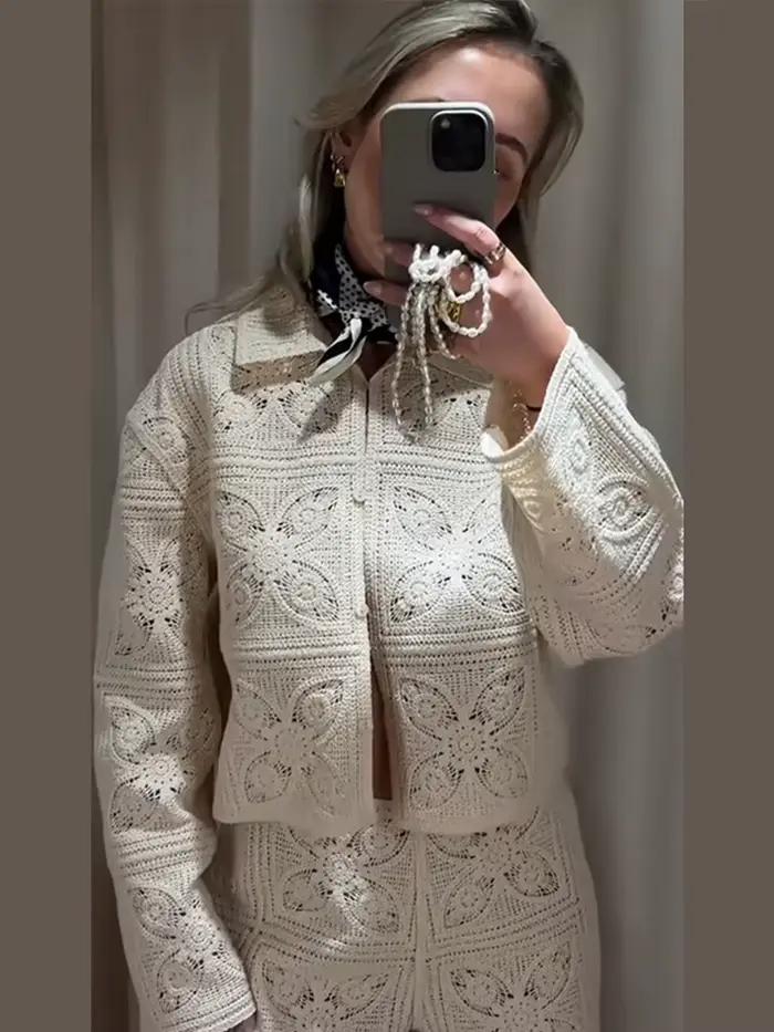 Crochet évider Cardigan Shorts costumes femmes élégant revers à manches longues simple boutonnage manteaux taille basse