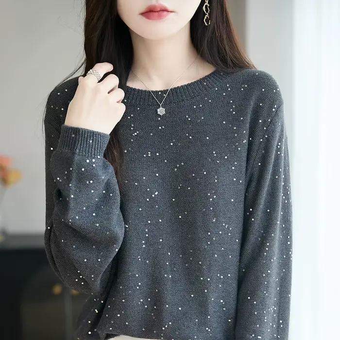Pull tricoté français à paillettes brillantes pour femmes