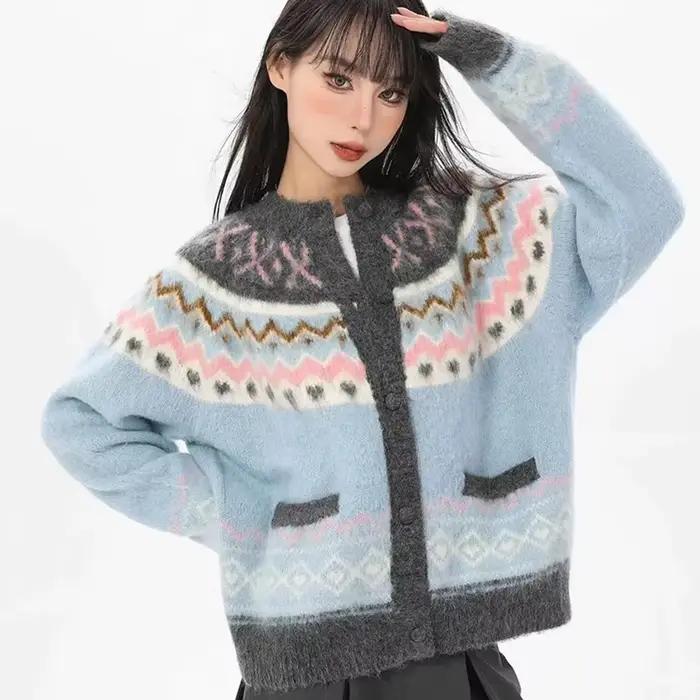 Cardigan tricoté en Jacquard bleu pour femme