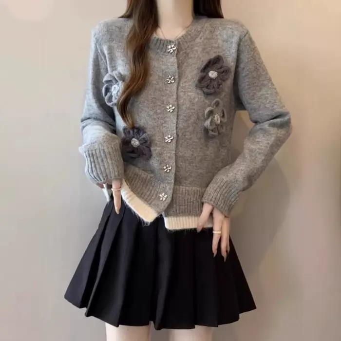 Cardigan Gris bywindto Femme Junior Automne Hiver Fleur Tridimensionnelle Coupe Ample Décontracté Occasions Spéciales