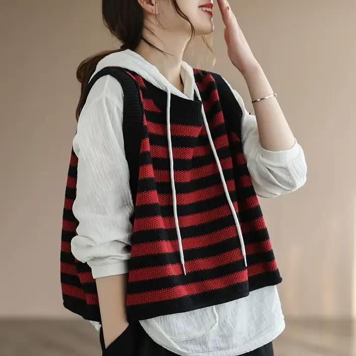 Gilet en tricot pour femmes sans manches rayé ample et décontracté pour automne hiver occassions spéciales