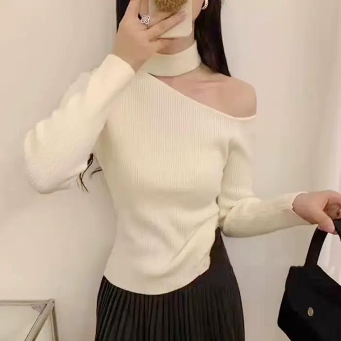 Pullover Élégant Femmes Épaules Dénudées Manches Longues Acrylique Coton Automne Hiver Occasions Spéciales
