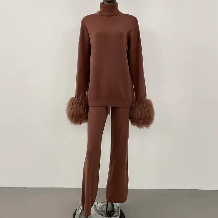 DEBAIFUR 2025 printemps automne Cardigan réel mongolie mouton fourrure pull femmes tricoté pantalons longs ensembles col haut tricots femme