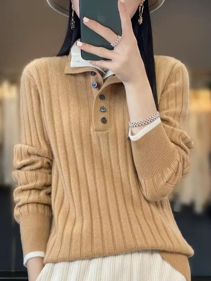 Pull à col rabattu pour femme 100% laine mérinos Automne Hiver Épaissi Chaud Casual Tricotage en cachemire Vêtements