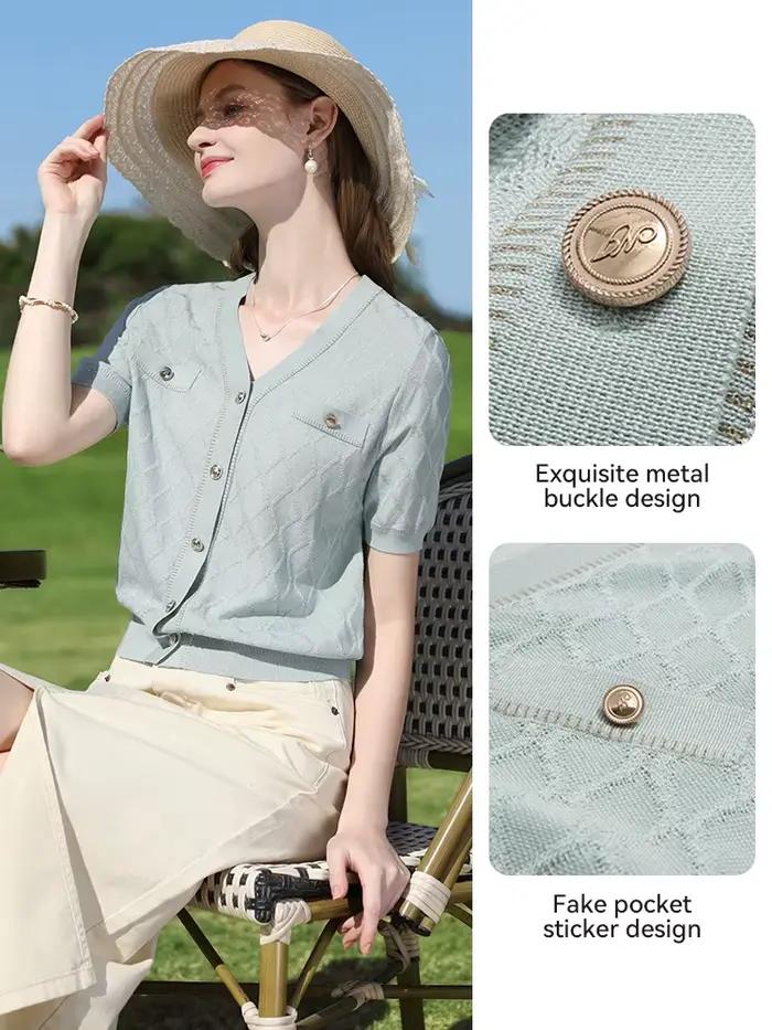 Pull en lyocell bleu ciel de la marque I BELIEVE YOU, col en V, style décontracté, pour femmes âgées de 25 à 34 ans, adapté pour le printemps et l'été, facile à entretenir, parfait pour les occasions spéciales