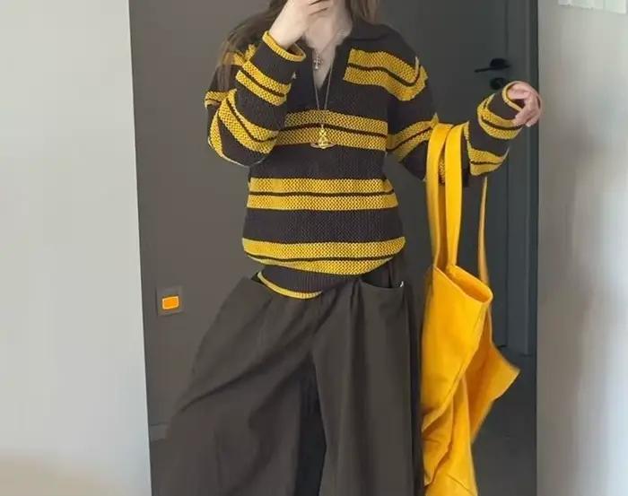 Pull tricoté rayé à manches longues pour femme