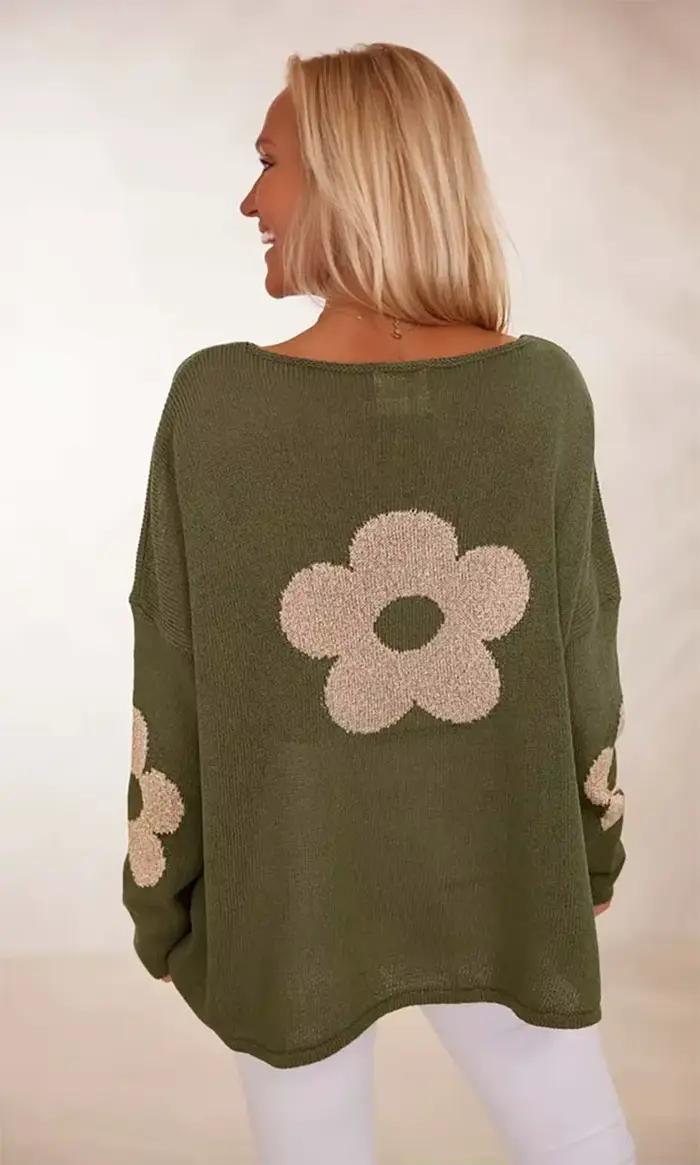 Pull à manches longues vert Olive pour femme avec embellissements floraux beiges