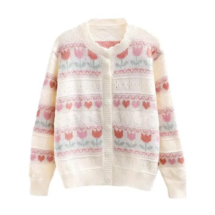 Cardigan en maille chaude imprimé pour femmes, style décontracté, col rond, polyester et laine, pour toutes les saisons, à offrir pour occasions spéciales