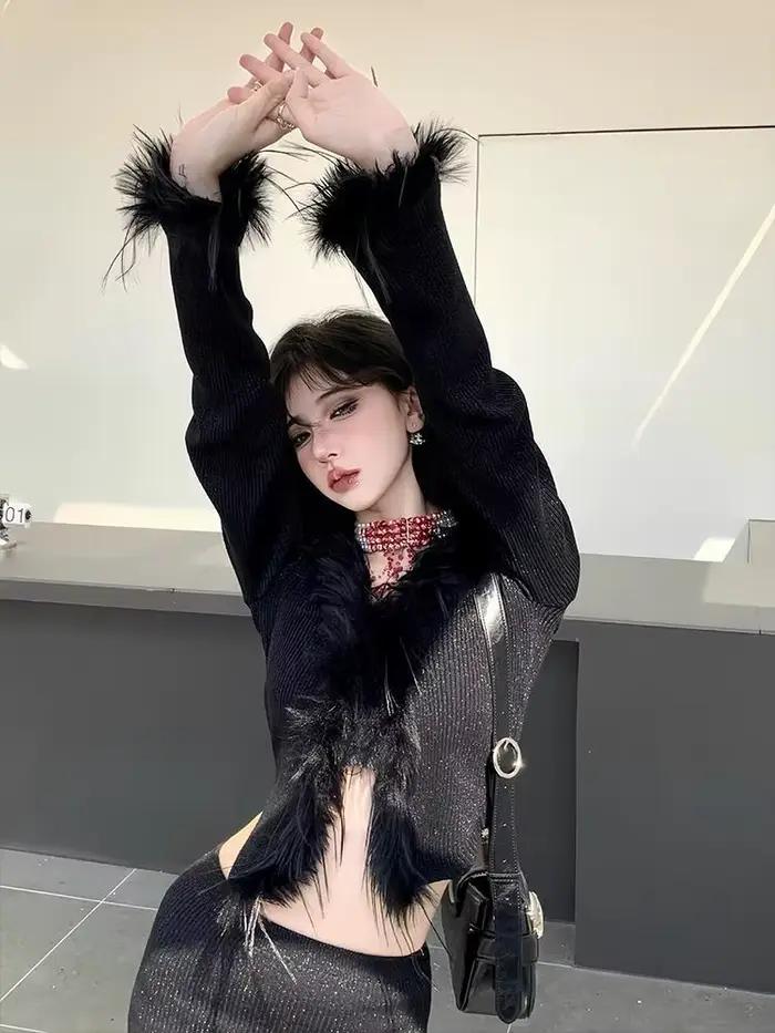 Cardigan Noir en Élasthanne et Acrylique Yedinas pour Femmes, Style Gothique Chic, Occasions Spéciales Automne Hiver Y2K