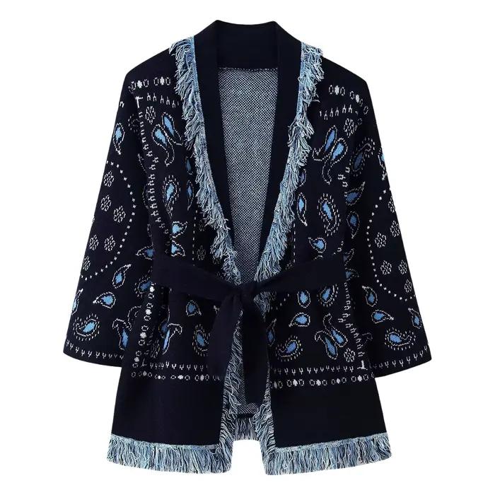 Cardigan en tricot à franges avec ceinture et motif géométrique pour femmes style rétro confortable et élégant pour diverses occasions