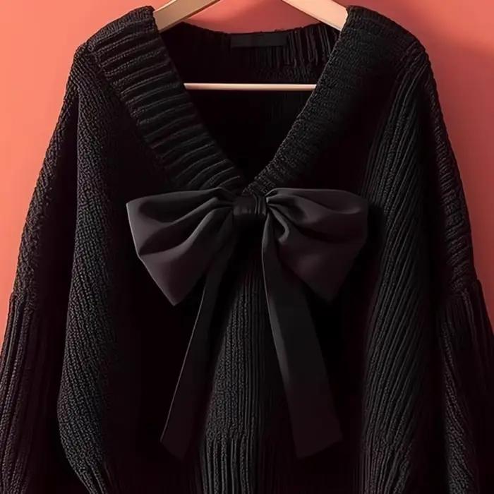 Pull tricoté à col en v et nœud pour femme