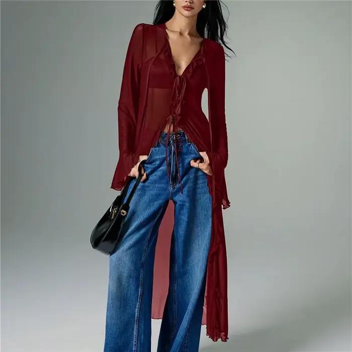 Cardigan transparent à volants pour femme