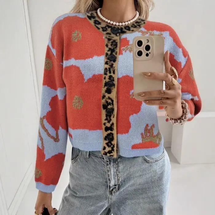 Cardigan en tricot à col rond à manches longues à imprimé léopard décontracté