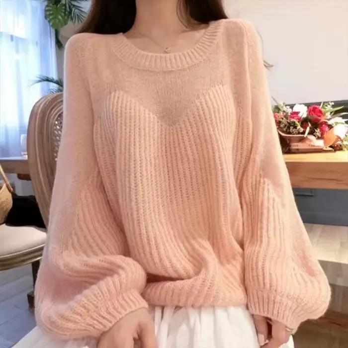Chandail tricoté pour femmes Coquette Rose Ample style coréen confortable et élégant pour femmes saison automne hiver manches longues col rond polyester coton acétate ample ajustement lâche