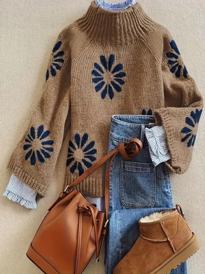 Hiver femmes tricot pull côtelé conception florale à manches longues