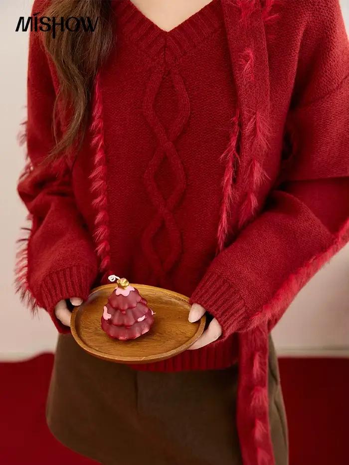 MISHOW noël tricoté pull femmes 2025 hiver bordeaux col en v hauts amples vison fourrure gland avec écharpe cravate chandails MXE93Z2809