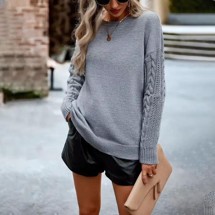 Pull à col rond ample et décontracté en polyester et élasthanne pour femmes, idéal pour les soirées et événements sociaux automne-hiver 2024