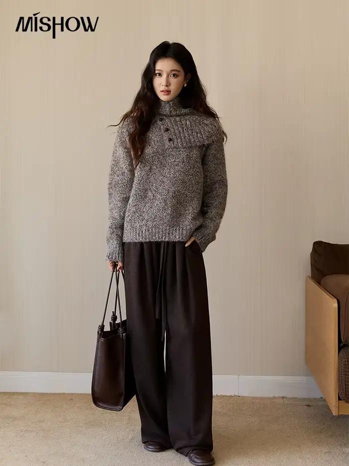 MISHOW femmes gris pull en tricot avec écharpe de cou 2025 hiver texturé bouton décor ample chaud