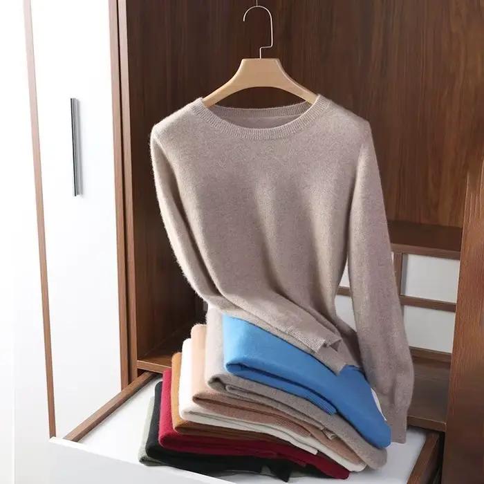 Pull Slim à col rond pour femme, mélange de laine et cachemire, chemise à manches longues en tricot, grande taille, automne et hiver, 2024