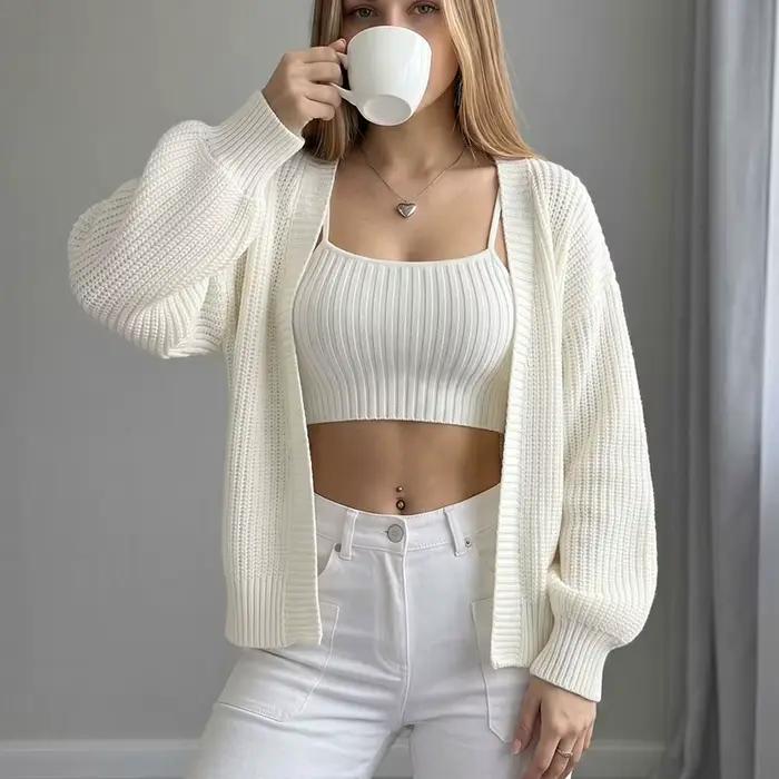Cardigan Ouvert Élégant en Maille Polyester Coupe Ample Style Streetwear Blanc Bleu Marine Kaki Rouge Noir Occasions Spéciales Automne Hiver
