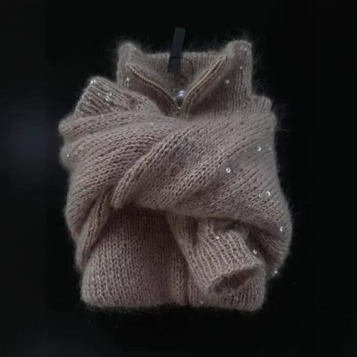 Pull à paillettes bywindto cardigan tricot brillant et décontracté pour femmes avec double fermeture éclair et col montant coréen pour automne hiver