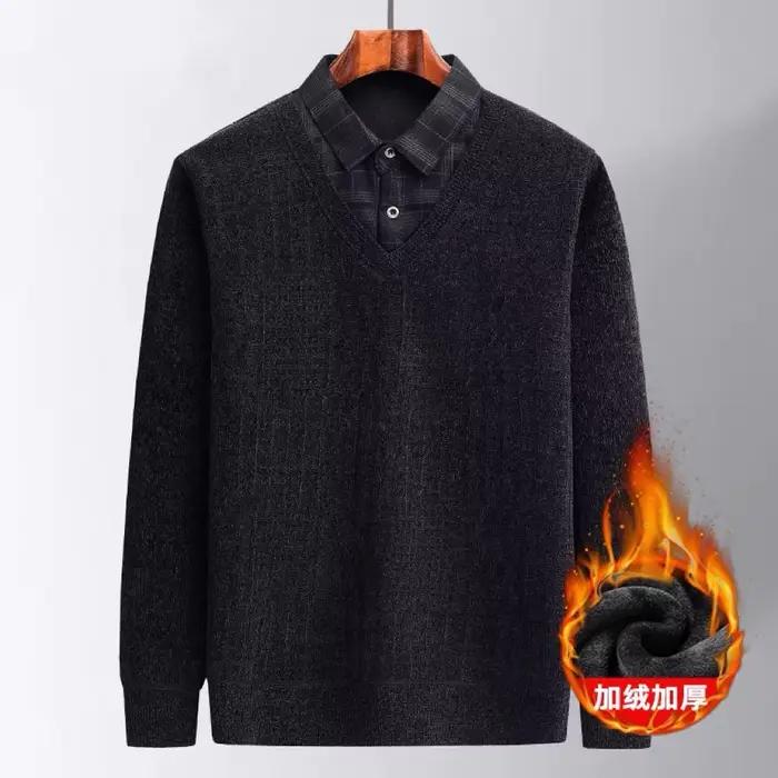 Pull tricoté chaud en polaire épaissie pour homme d'âge moyen