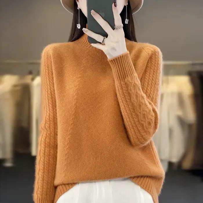 Pull à col roulé en laine mérinos pour femme - Coupe ample, style décontracté, automne-hiver, disponible en plusieurs couleurs et tailles ```
