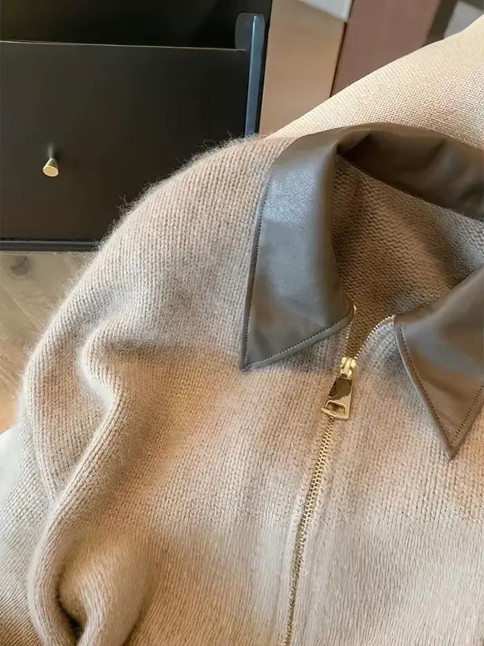 Patchwork fermeture éclair recadrée Cardigan femmes 400g épais automne tricoté pull Bomber veste Vintage 2000s court ajusté tricots manteau