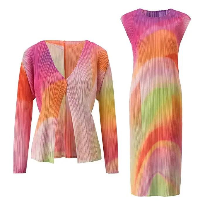 Miyake 2026 Nouvelle Veste Cardigan Plissée Imprimé Dopamine Coloré Tendance Élégante Amincissante Robes Plissées pour Femme pour Vacances et Voyages