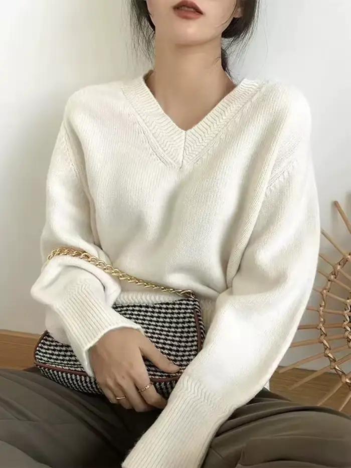 Pull vintage à col en V pour femme