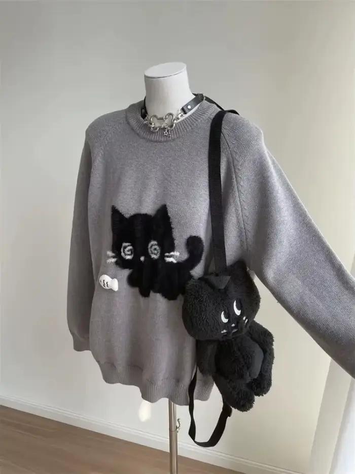 Pull en tricot gris à col rond pour femme