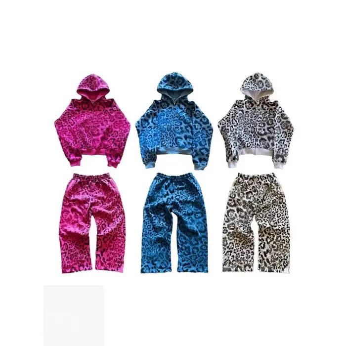 Trendy marque nouvelle européenne et américaine imprimé léopard cardigan à capuche haut lâche décontracté hip-hop pantalon large jambe ensemble